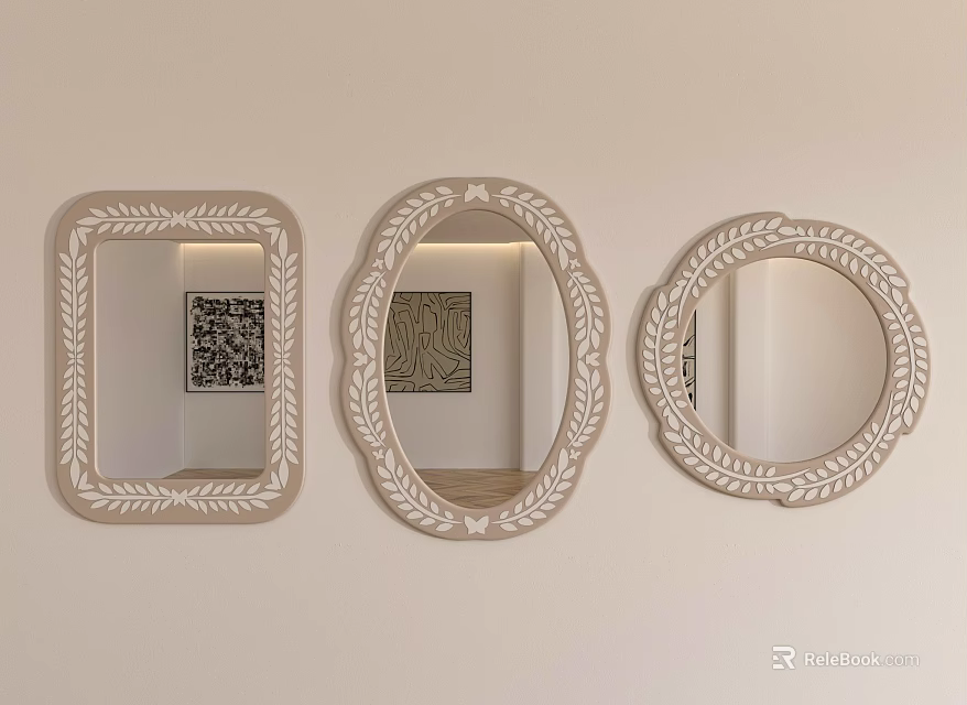 Three Decorative Mirrors with Various Shapes and Ornate Frames Hanging on Light Wall 3d model