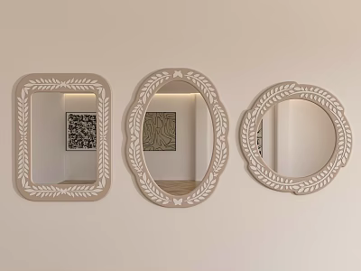 Three Decorative Mirrors with Various Shapes and Ornate Frames Hanging on Light Wall 3d model