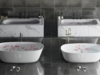 Luxurious Freestanding Bathtub With Rose Petals Against Gray Tiled Walls Marble Countertops And Slippers 3d model