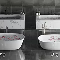 Luxurious Freestanding Bathtub With Rose Petals Against Gray Tiled Walls Marble Countertops And Slippers