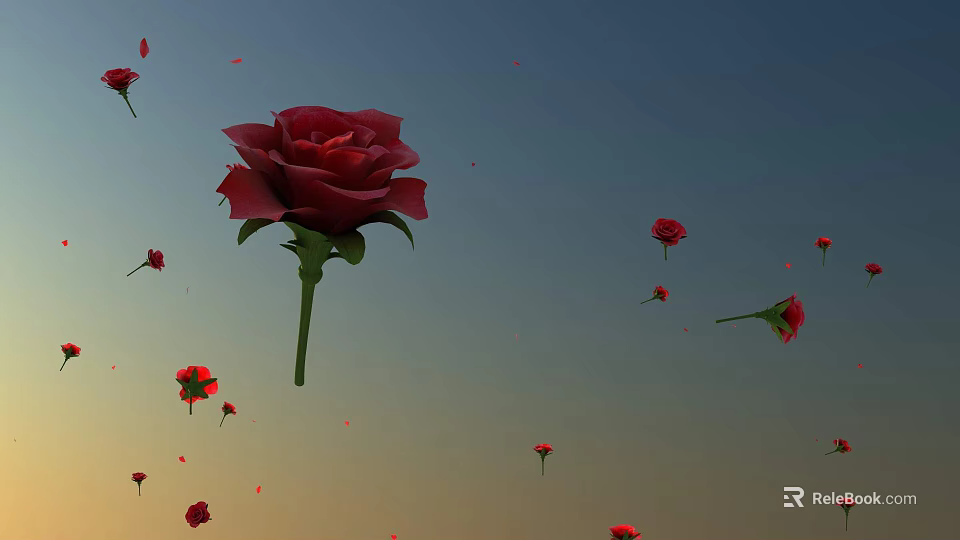 Beautiful Blooming Red Roses With Falling Petals Against Scenic Gradient Sky 3d model 