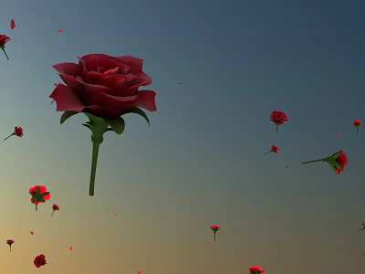 Beautiful Blooming Red Roses With Falling Petals Against Scenic Gradient Sky 3d model