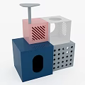Colorful Pet Supplies With Cat Tree Houses Orange Wall Round Window Purple Curtains Pink Floor