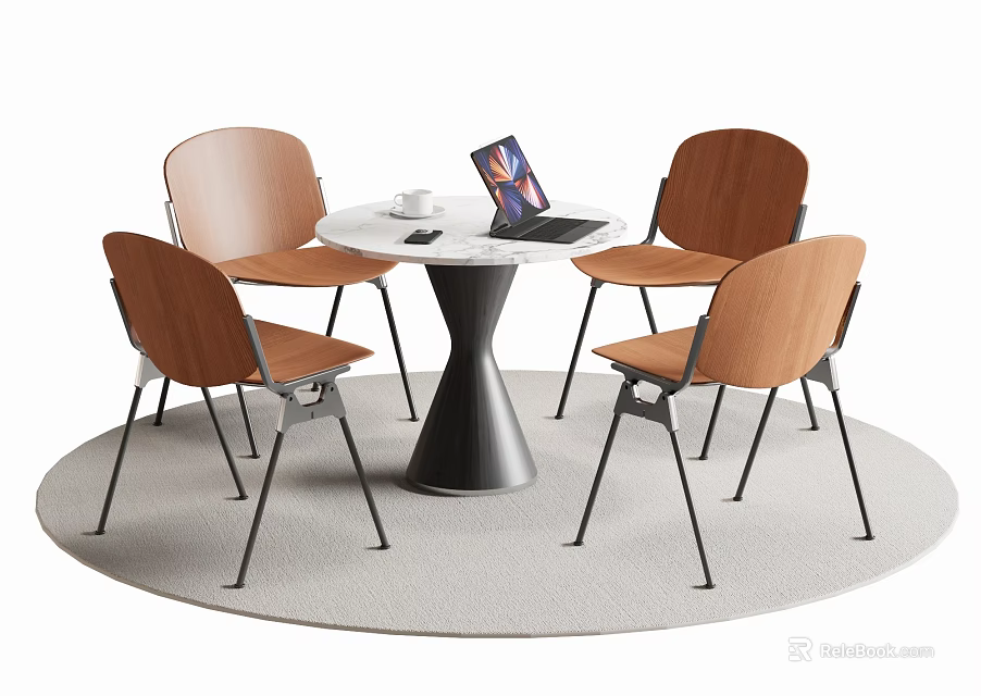 Round Dining Table Set With White Top Black Legs Four Wooden Chairs And Gray Rug 3d model 