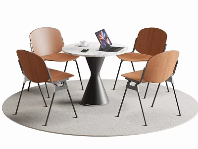 Round Dining Table Set With White Top Black Legs Four Wooden Chairs And Gray Rug 3d model