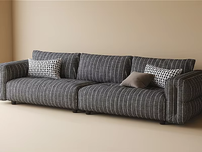 Modern Striped Three Seater Sofa With Checkered And Gray Cushions In Living Room 3d model