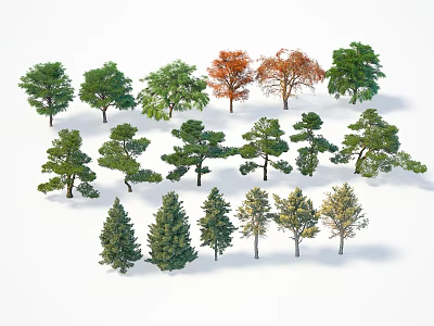 Various Types of Trees Collection with Different Leaf Colors Green Red Orange 3d model