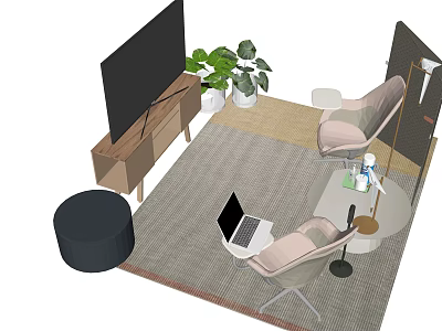 Modern TV in Living Room With Wooden Stand Green Plants Chairs and Laptop 3d model