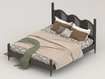 Ornate Black Wooden Double Bed With Patterned Bedspread Green Blanket And Decorative Pillows 3d model