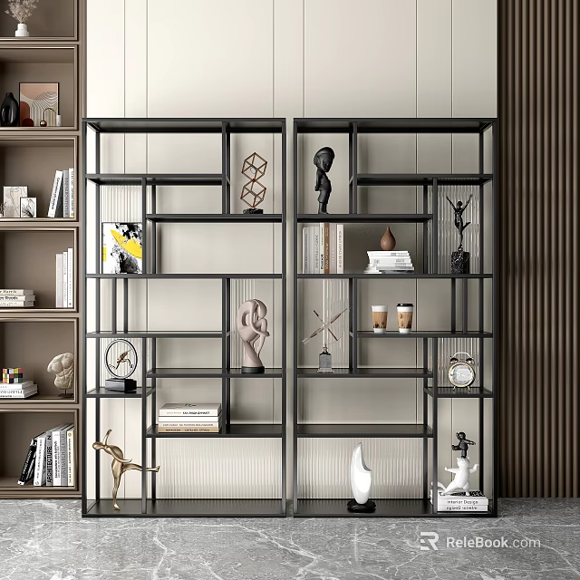 Modern Open Shelf Unit With Decorative Sculptures Books Clocks And Storage Compartments 3d model 