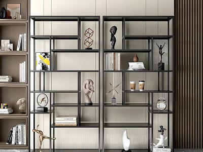 Modern Open Shelf Unit With Decorative Sculptures Books Clocks And Storage Compartments 3d model