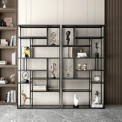 Modern Open Shelf Unit With Decorative Sculptures Books Clocks And Storage Compartments 3d model