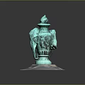 Turquoise Vase Shaped Sculpture Carving with Figural Details and Transparent Base on Black Background