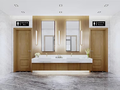 Modern Washbasin With Double Mirrors Wooden Doors White Countertop Flower Vases On Marble Floor 3d model
