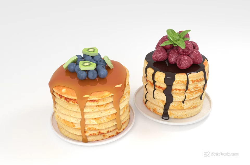 Stacked Pancakes Topped With Blueberries Kiwi Slices Caramel Sauce Raspberries Chocolate Sauce And Mint Leaf 3d model 
