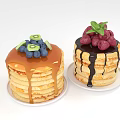 Stacked Pancakes Topped With Blueberries Kiwi Slices Caramel Sauce Raspberries Chocolate Sauce And Mint Leaf