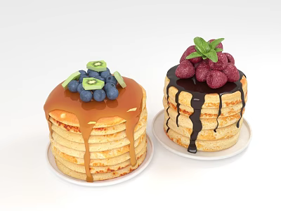 Stacked Pancakes Topped With Blueberries Kiwi Slices Caramel Sauce Raspberries Chocolate Sauce And Mint Leaf 3d model