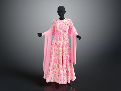 Stylish Pink Floral Long Dress With Chiffon Shawl And Flowy Design 3d model
