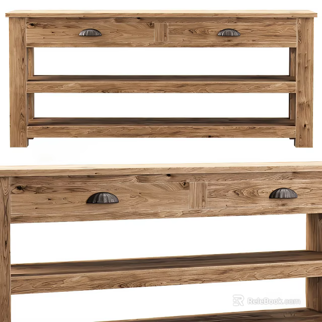 Rustic Wooden Shelf And Drawer Unit With Natural Texture And Metal Handles 3d model 