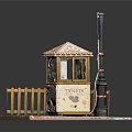 Traditional Ticket Booth With Decorative Roof Wooden Fence Stone Pavement And Tall Pole