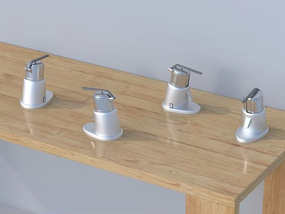 Four Silver Push Type Daily Use Appliances Dispensers On Wooden Countertop 3d model