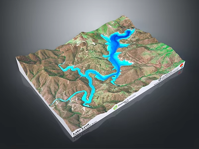 3D Terrain Model with Mountain Ranges Blue Lake and Winding Rivers 3d model
