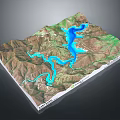 3D Terrain Model with Mountain Ranges Blue Lake and Winding Rivers