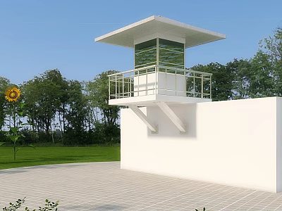 Modern White Security Booth With Glass Windows And Balcony Railings In Green Outdoor Area 3d model