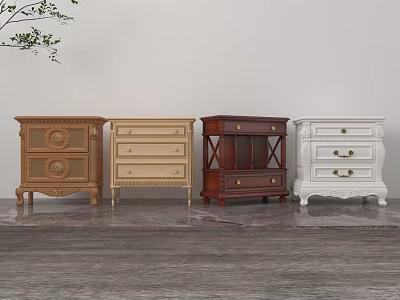 Four Different Style Bedside Cabinets With Carvings Drawers And Glass Doors 3d model