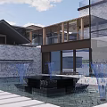 Modern Boutique Hotel Building With Water Pool Fountains Glass Curtain Walls Stone And Wooden Structures