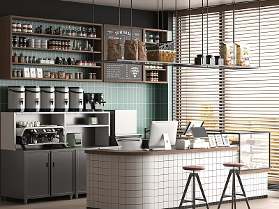 Modern Café Interior With Coffee Machines Counter Stools Window Blinds And Coffee Bean Shelves 3d model