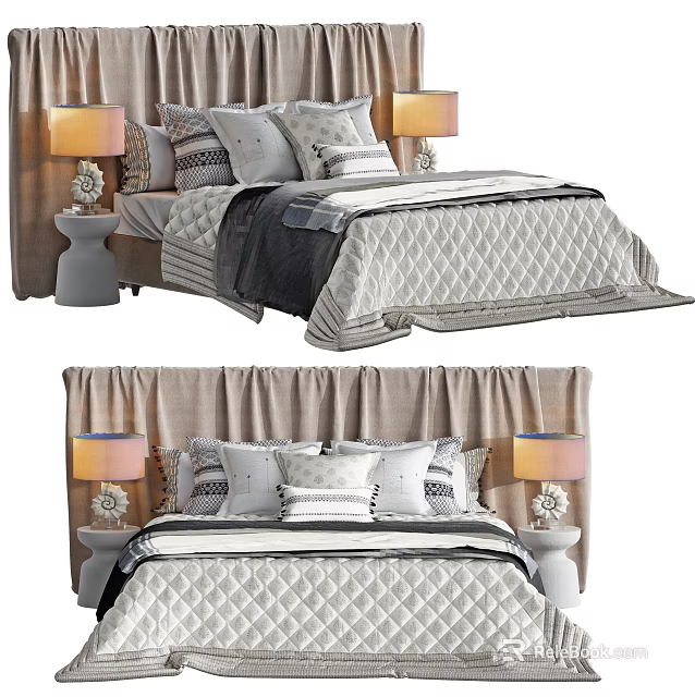 Double Bed With Fabric Headboard Decorative Pillows Textured Bedspread And Table Lamp 3d model