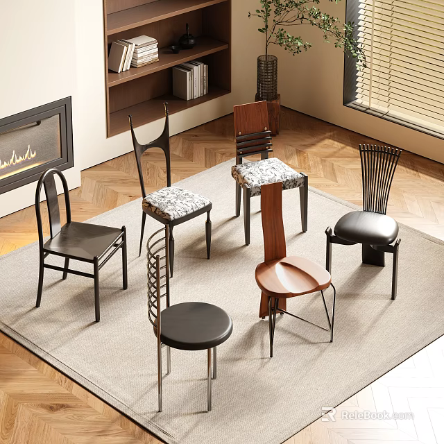 Stylish Dining Chairs With Various Modern Designs Wooden Frames And Leather Seats In Home Interior 3d model 