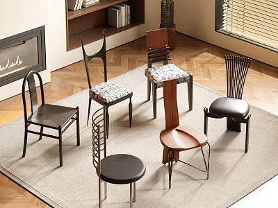 Stylish Dining Chairs With Various Modern Designs Wooden Frames And Leather Seats In Home Interior 3d model