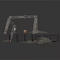 Industrial Construction Scene Components With Metal Frame Rocks Wooden Crate And Traffic Cone