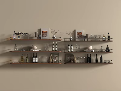 Multi Tier Wall Mounted Wine Rack With Wine Bottles Glasses And Decorative Items 3d model