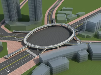 Circular Urban Bridge Design With Surrounding Tall Buildings Roads And City Infrastructure 3d model