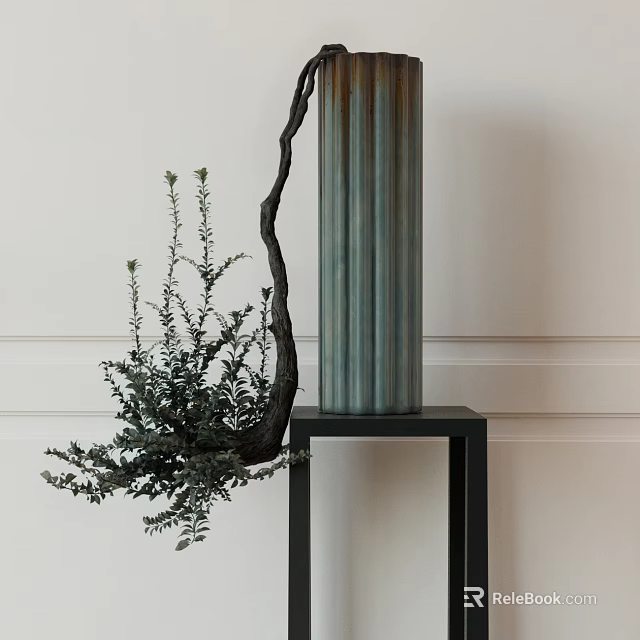 Striped Ceramic Vase With Green Foliage On Black Table White Wall Background 3d model 