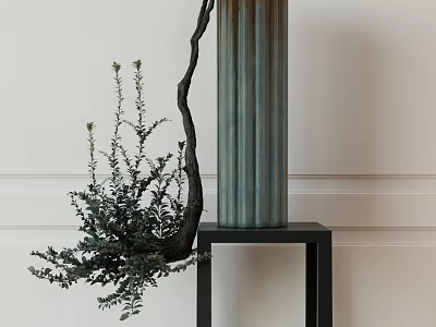 Striped Ceramic Vase With Green Foliage On Black Table White Wall Background 3d model