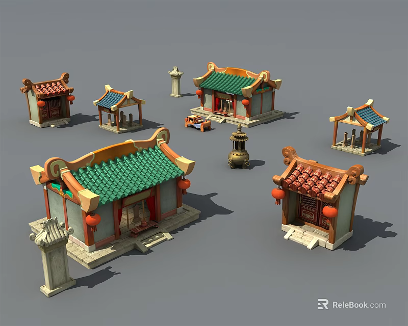 Cartoon Scenery of Traditional Chinese Architecture Models With Green Red Roofs Lanterns And Incense Burners 3d model 