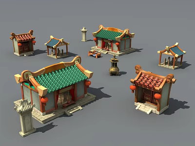 Cartoon Scenery of Traditional Chinese Architecture Models With Green Red Roofs Lanterns And Incense Burners 3d model