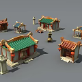 Cartoon Scenery of Traditional Chinese Architecture Models With Green Red Roofs Lanterns And Incense Burners