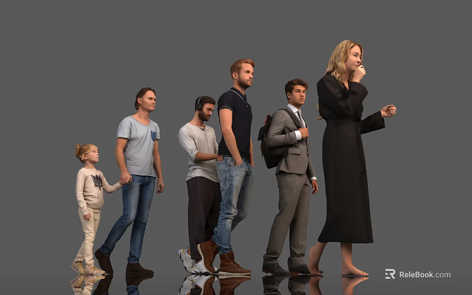 Group of People of Various Ages in Different Clothing Standing Against Gray Background With Reflections 3d model 