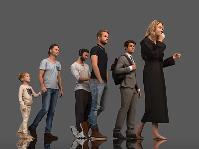 Group of People of Various Ages in Different Clothing Standing Against Gray Background With Reflections 3d model