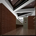 Cozy Restaurant Long Corridor With Red Brick Walls Checkerboard Tile And Wooden Ceiling