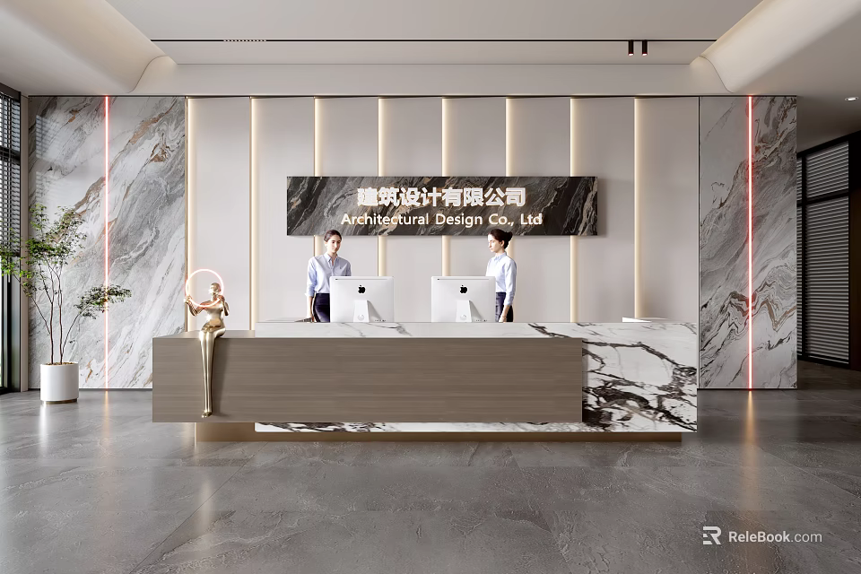 Modern Front Desk Reception Design With Marble Counter Receptionists And Green Plants 3d model 