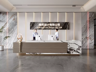 Modern Front Desk Reception Design With Marble Counter Receptionists And Green Plants 3d model