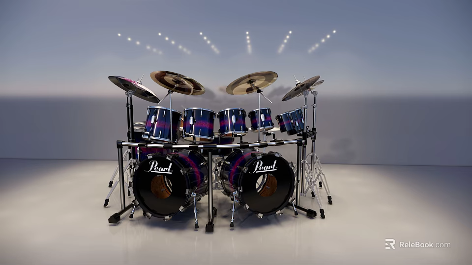 Modern Pearl Drum Set With Multiple Drums Cymbals And Stage Lighting 3d model