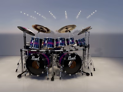 Modern Pearl Drum Set With Multiple Drums Cymbals And Stage Lighting 3d model