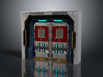 Sci Fi Metal Doorway With Red Panels Blue Lights And Warning Stripes 3d model